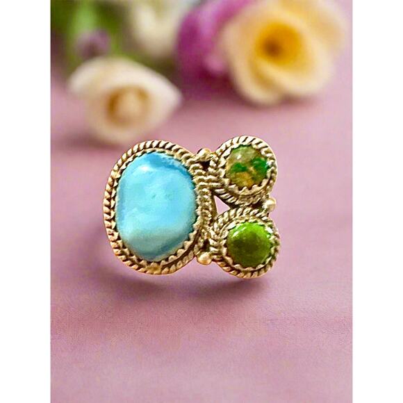 Golden Hills & Sonoran Gold Turquoise Sterling Silver Ring Size 6-10 Adjustable - Picture 2 of 6